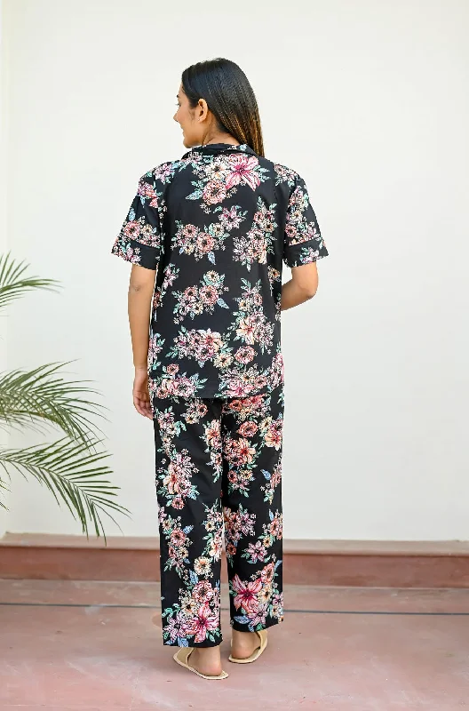 Black Cotton Printed Night Suit Set with Payjama