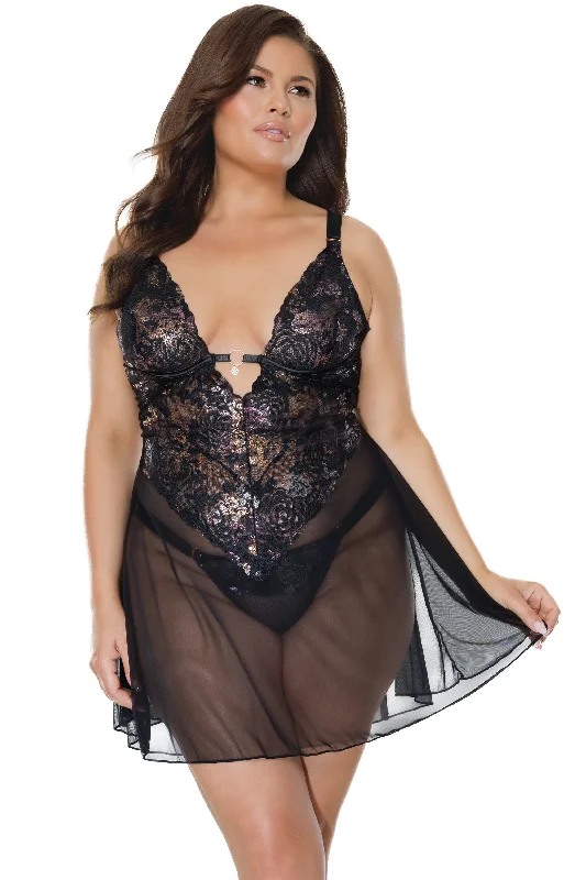 24102 PLUS - Babydoll & Thong - Black