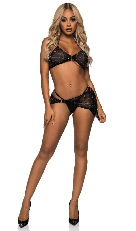 3 Pc Rhinestone Halter Bra Top, G-String Panty,  and Sarong - Large - Black