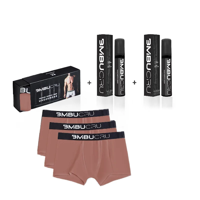 TAN TRUNKS x 3 + MAN-PARTS & BODY SPRAY x 2