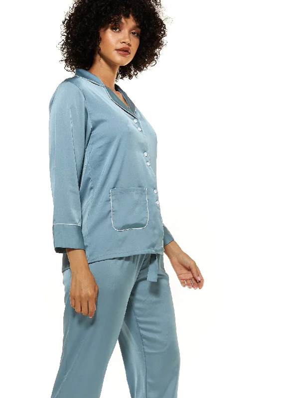 Avis Blue Pocket Satin Pyjamas