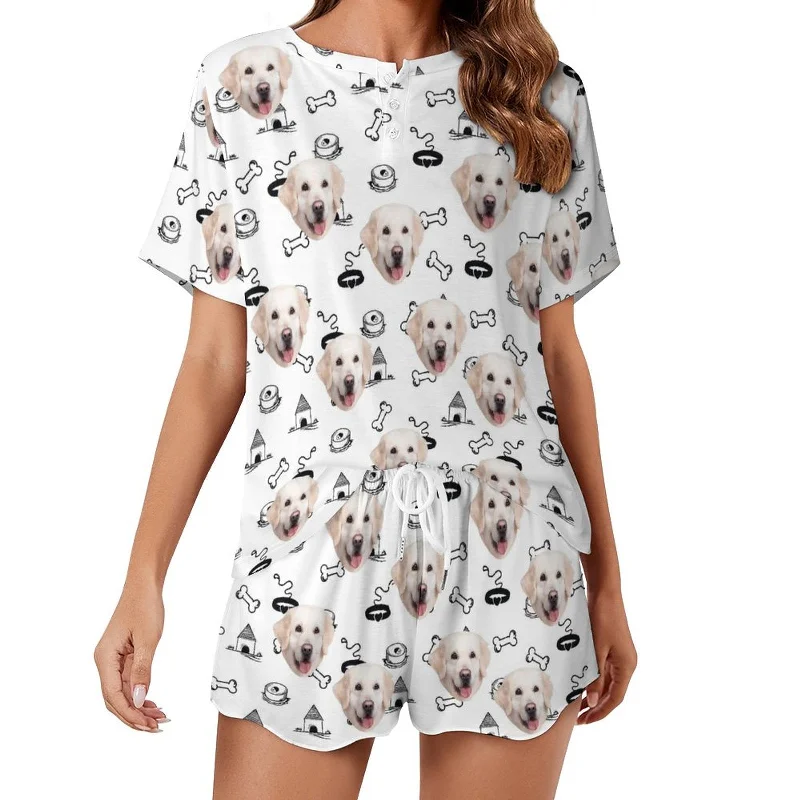 Custom Face Pet Bone Black&White Print Pajama Set Women's Short Sleeve Top and Shorts Loungewear Athletic Tracksuits