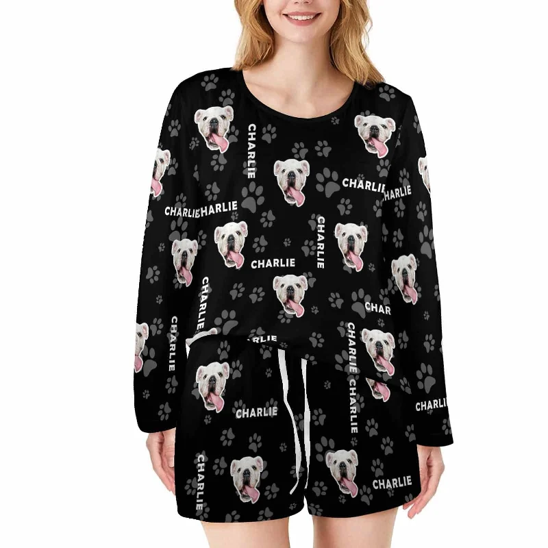 Custom Pet Face&Name Pajama Set Personalized Women's Long Sleeve Top and Shorts 2 Piece Loungewear