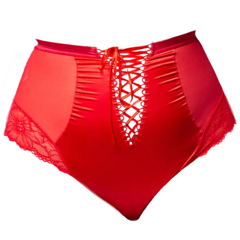 Enchantress Adjustable Satin & Lace High Waist Briefs in Scarlet