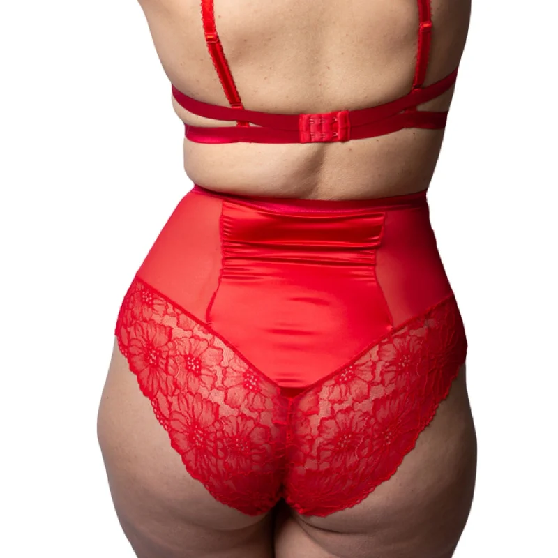 Enchantress Adjustable Satin & Lace High Waist Briefs in Scarlet