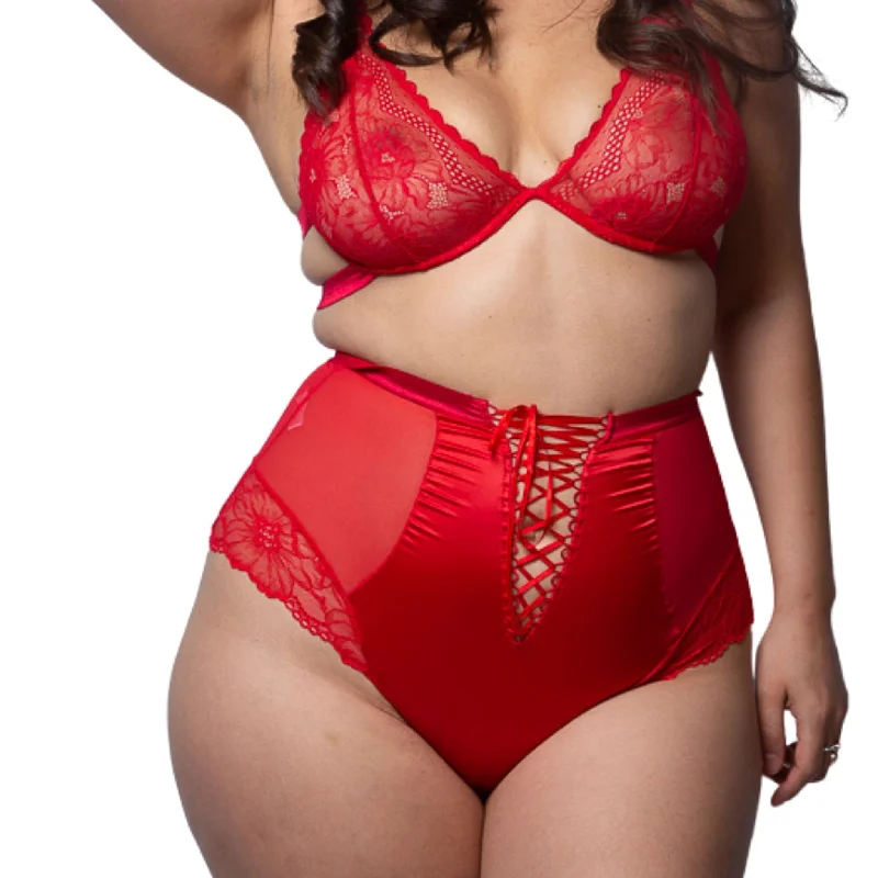 Enchantress Adjustable Satin & Lace High Waist Briefs in Scarlet