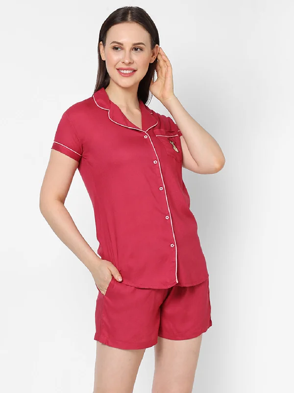 Evolove Women's Viscose Liva Super Soft Shirt & Shorts Set, Night suit set ,Sleepwear (BTS Heart Symbol embroidery on pocket), Various colour Options & sizes M - XXL)