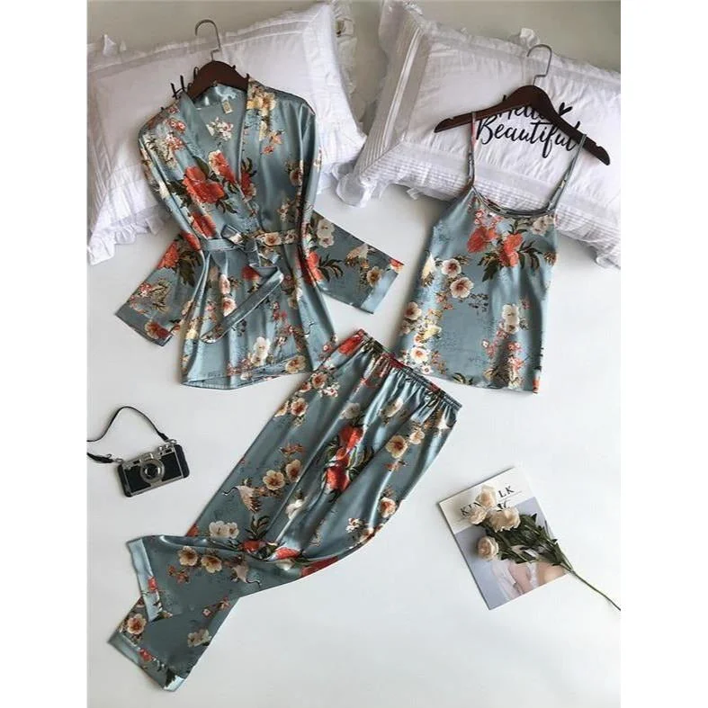 3 Piece Faux Silk Printed Pajama Set