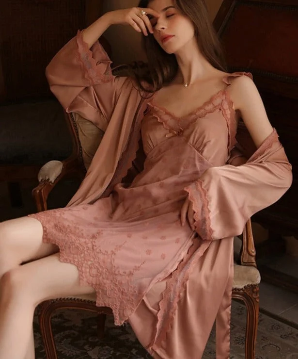 Elegant Lace Trim Robe with Nightdress Set