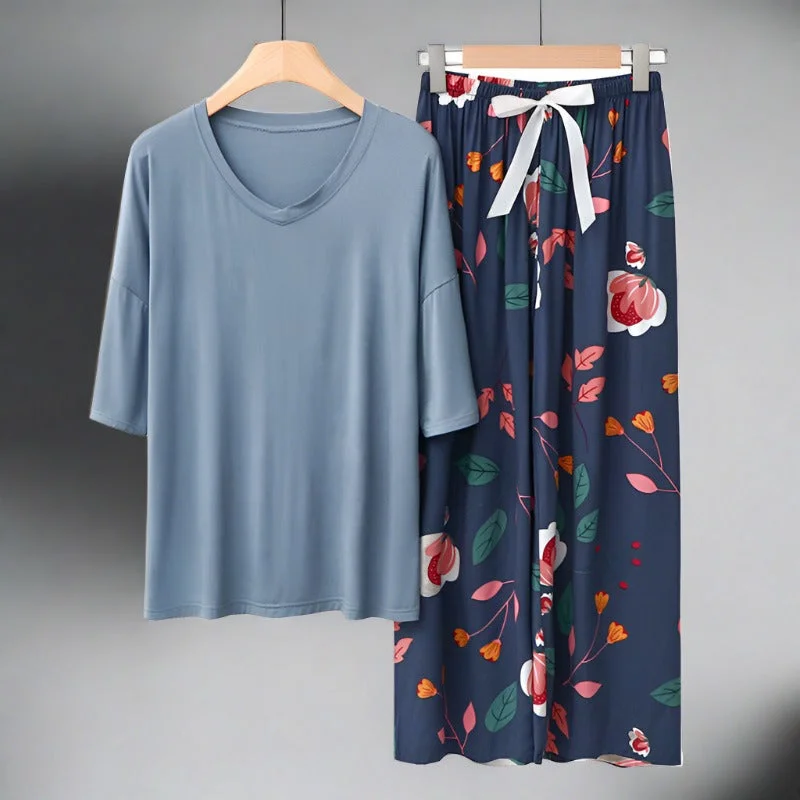 Minimalist Modal T Shirt and Floral Trouser | Foggy Blue + vine Tree