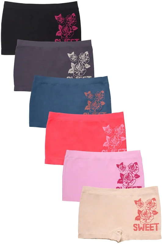 PACK OF 6 SOFRA WOMEN'S SEAMLESS ""SWEET"" FLORAL GRAPHIC BOYSHORTS (LP0248SB)