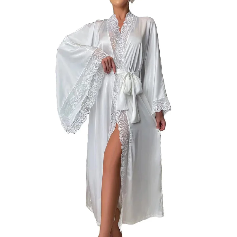 Silken Embrace White Satin Lace-Trimmed robe