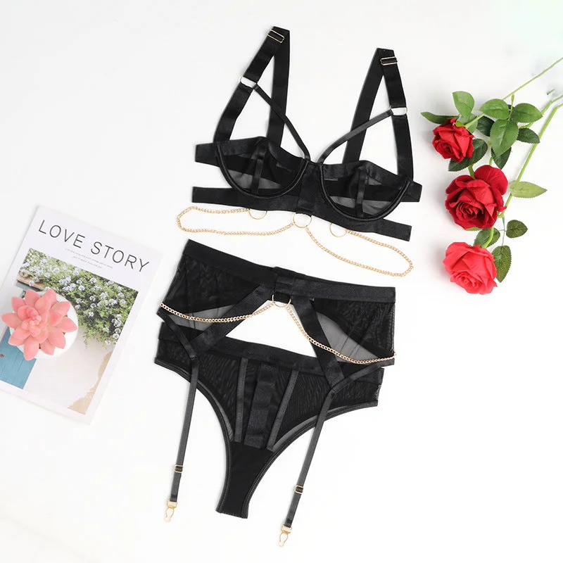 Strappy Black Lingerie Set with Golden Accents