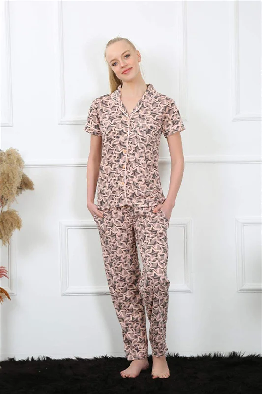 Women's Powder Button Front Short Sleeve Pajamas Set 2844