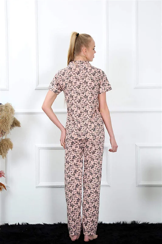 Women's Powder Button Front Short Sleeve Pajamas Set 2844