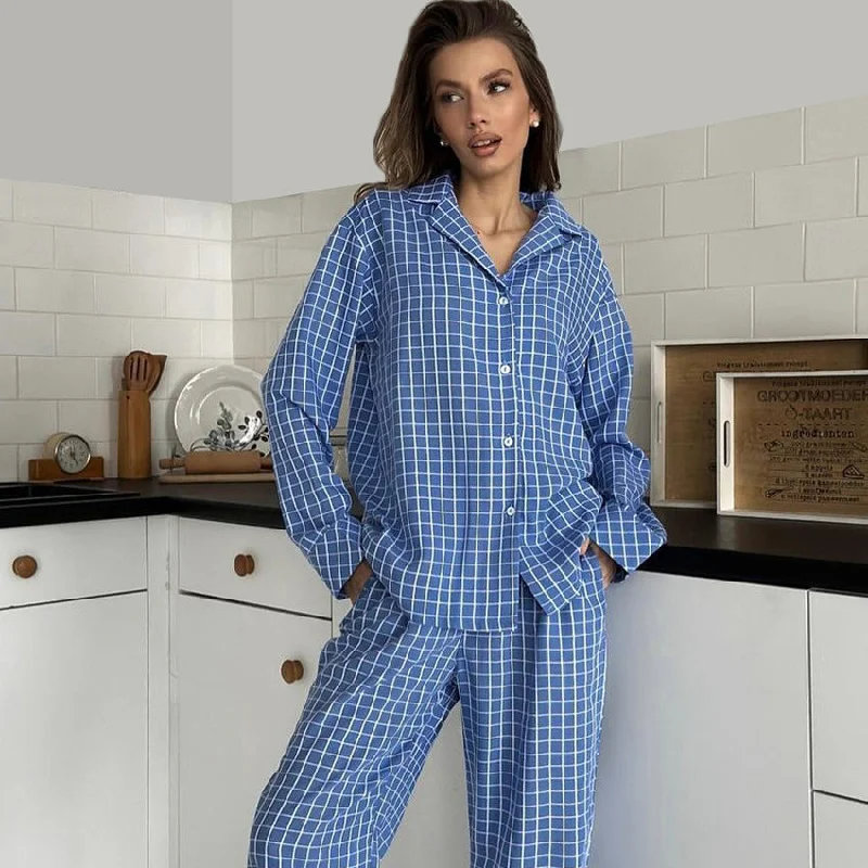 Blue Plaid Woven Pajama Set