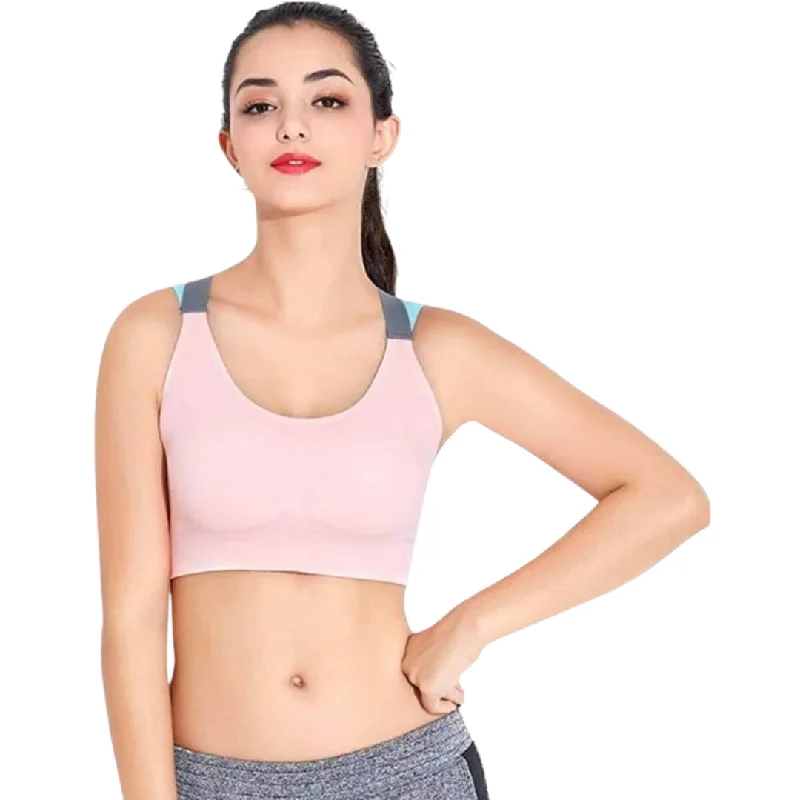 Deevaz Medium Impact Padded Non-Wired Sports Bra In Peach Color Cross Back Strap Detailing.