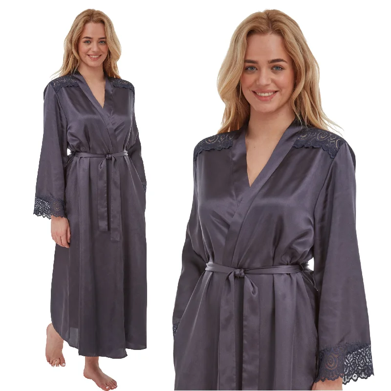 Long Full Length Plain Silver Grey Sexy Satin Wrap Bathrobe