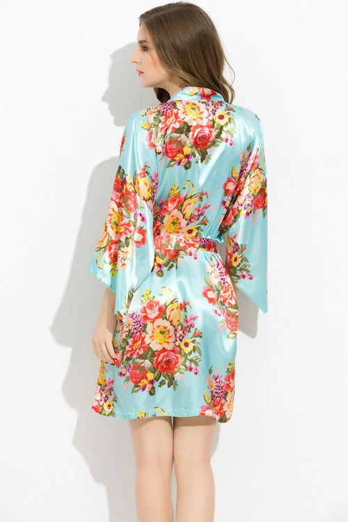 Mint-Blue Floral Bridesmaid Robes Kimono