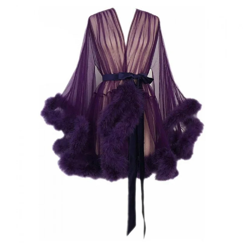 ""Night In"" Dark Purple Handmade Sheer Fluffy Mini Marabou Feather Robe