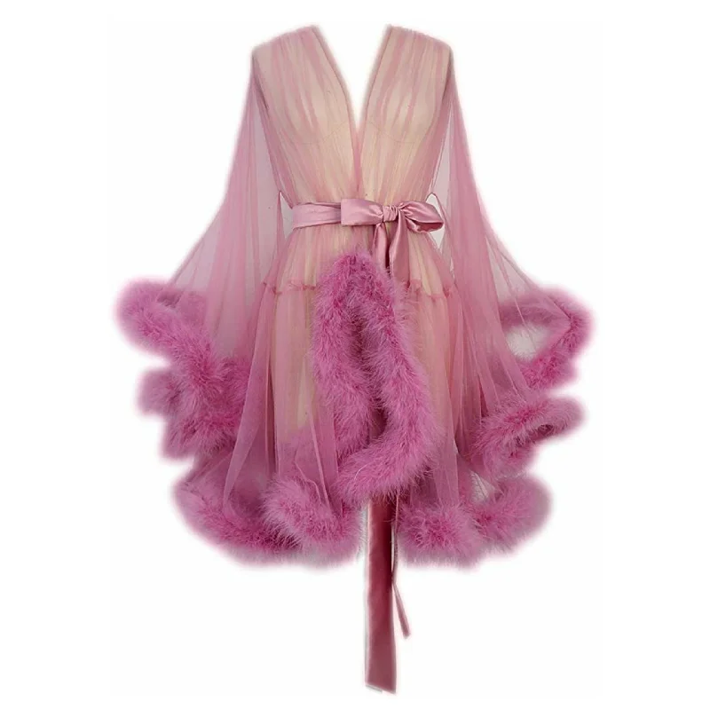 ""Night In"" Rose Pink Handmade Sheer Fluffy Mini Marabou Feather Robe