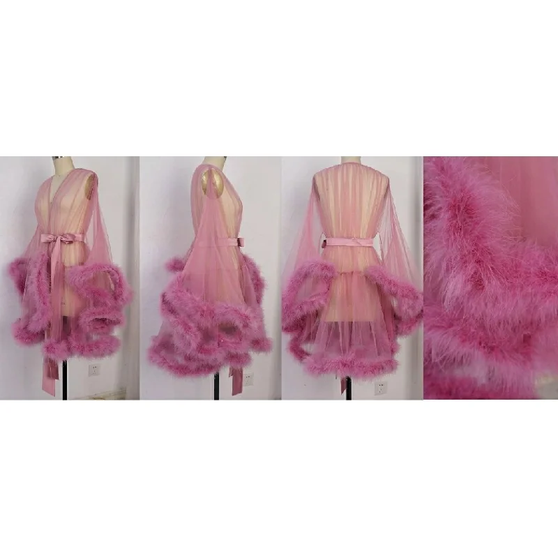 ""Night In"" Rose Pink Handmade Sheer Fluffy Mini Marabou Feather Robe