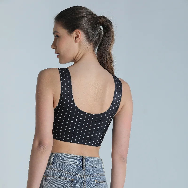 Deevaz Seamless Polka Dot Printed Sports Bra with Removable Cups in Black Colour.