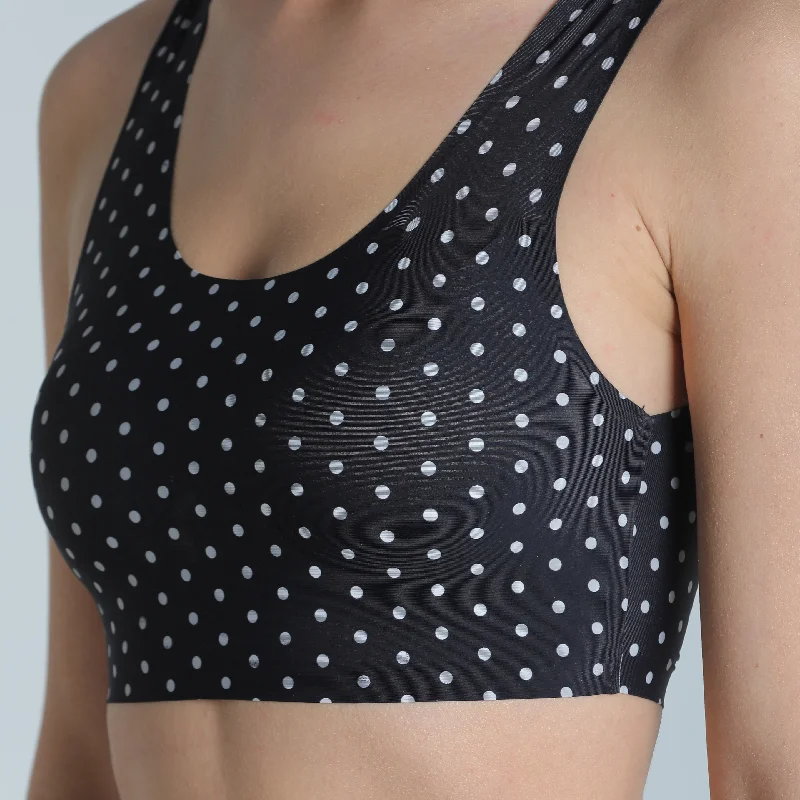 Deevaz Seamless Polka Dot Printed Sports Bra with Removable Cups in Black Colour.