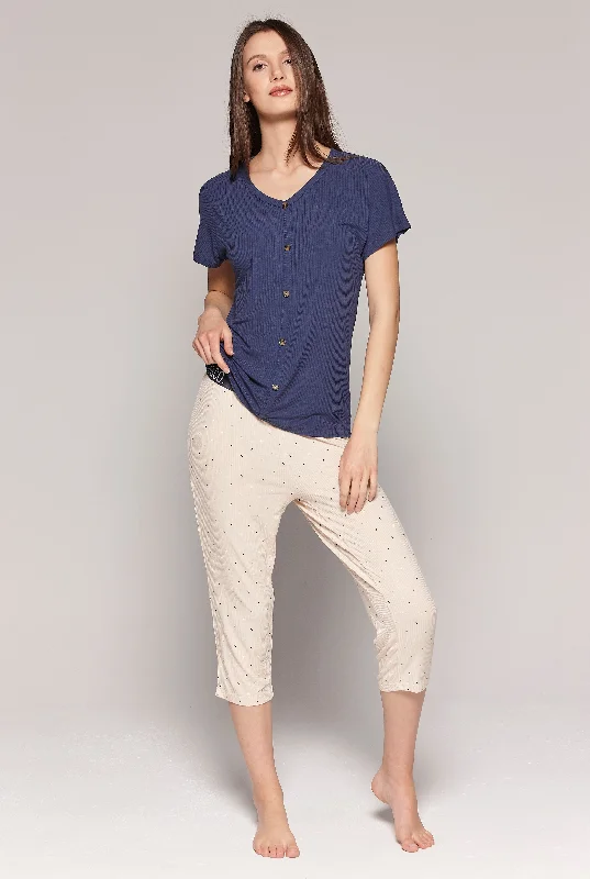 Pyjama capri haut uni/pantalon imprimé