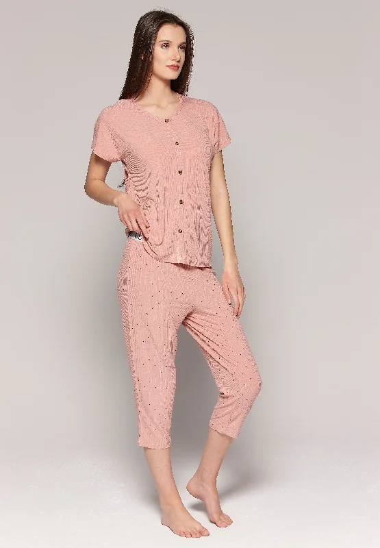 Pyjama capri haut uni/pantalon imprimé