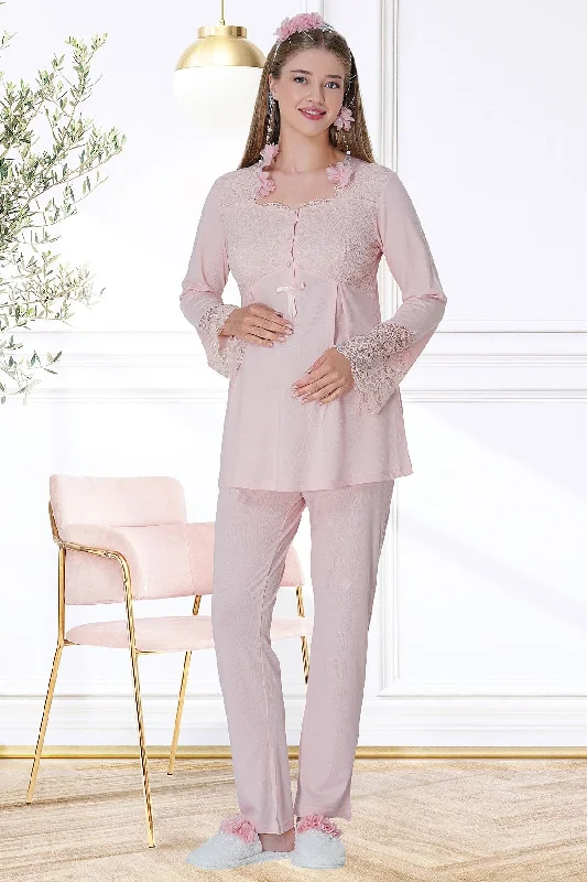 Shopymommy 5717 Lace Embroidered Maternity & Nursing Pajamas Powder