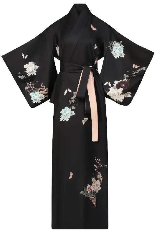 Silk Kimono Dressing Gown Royal Peacock | Black