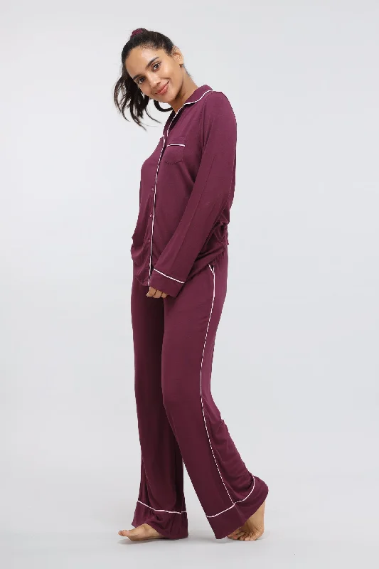 Wine Piping Full Sleeve Piping Modal Pajama Set