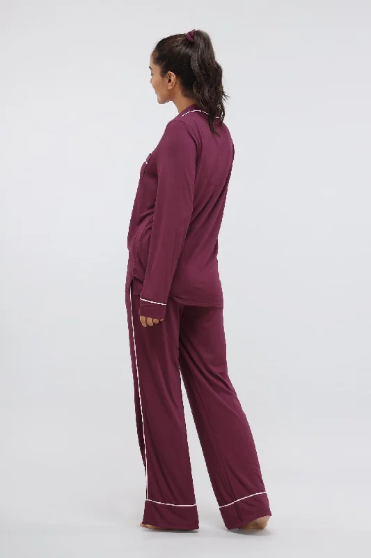 Wine Piping Full Sleeve Piping Modal Pajama Set