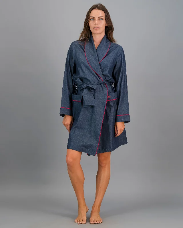 Womens Gown - Denim Dark Blue - Red Piping