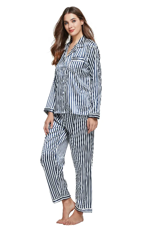 Women's Silk Satin Pajama Set Long Sleeve-Navy and White Striped