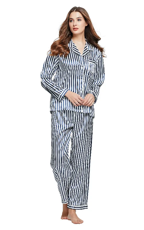 Women's Silk Satin Pajama Set Long Sleeve-Navy and White Striped